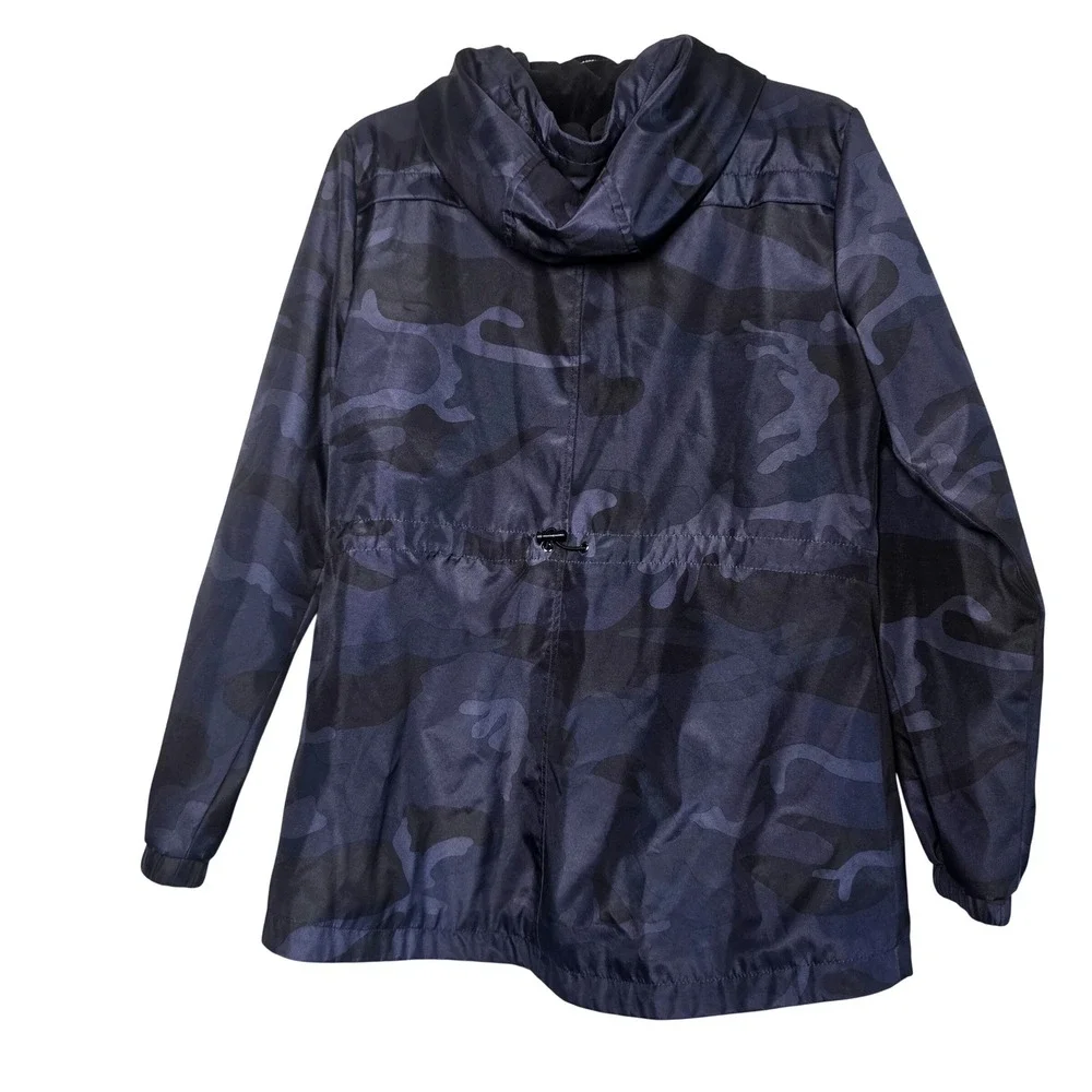Michael Kors Womens Medium Navy Blue Camo Hooded Anorak Field Jacket Full Zip